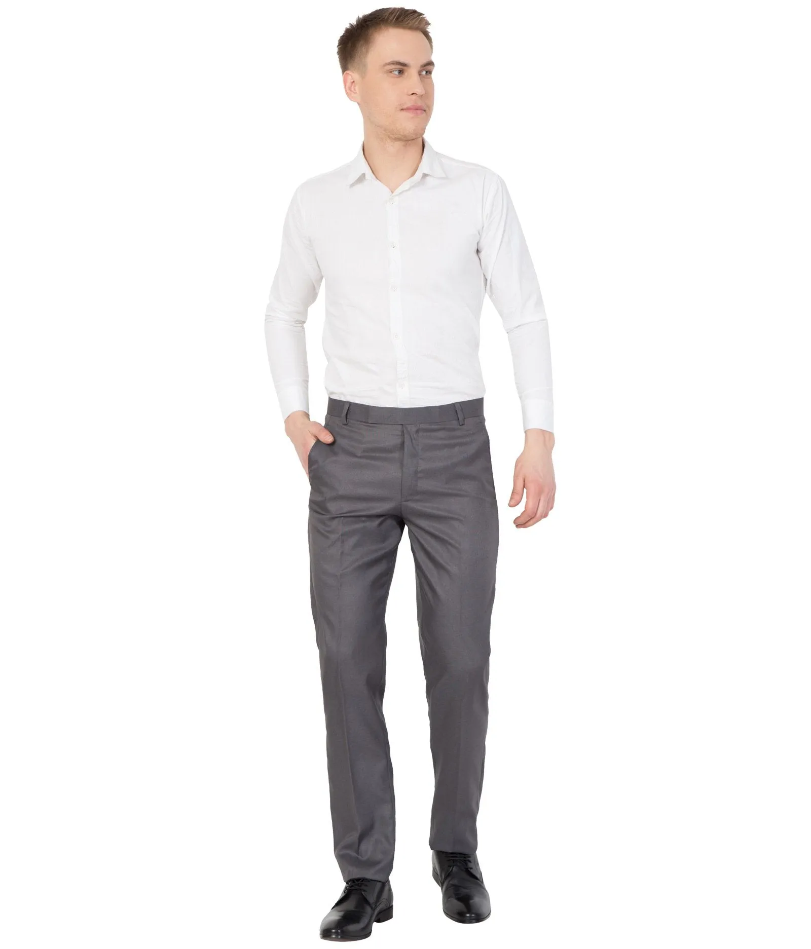 American-Elm Men Solid Cotton Dark Grey Slim Fit Foraml Trouser