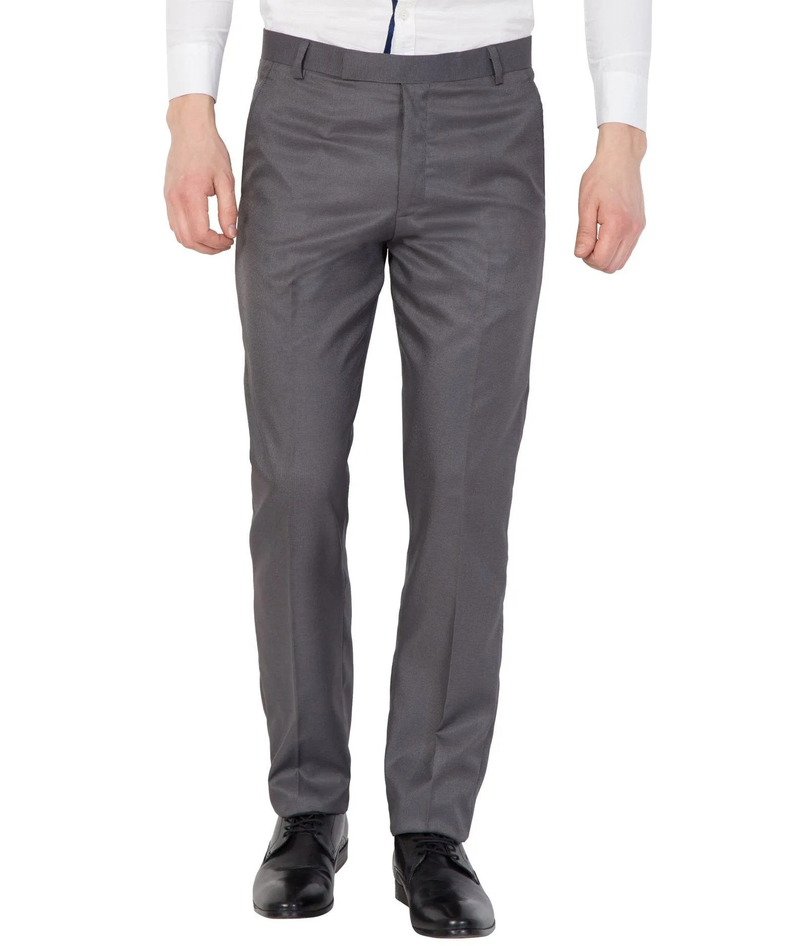 American-Elm Men Solid Cotton Dark Grey Slim Fit Foraml Trouser