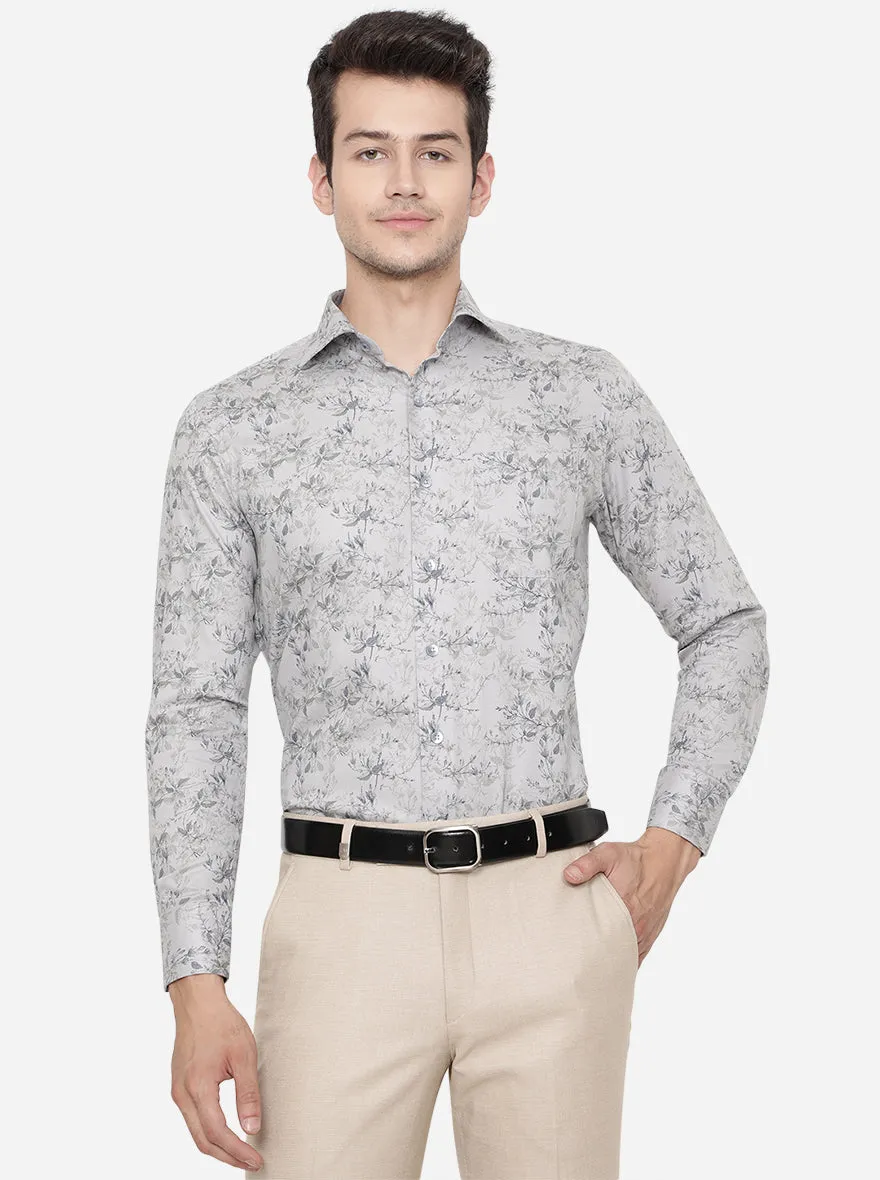 Ash Grey & Blue Printed Slim Fit Formal Shirt | Metal