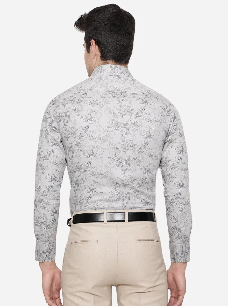 Ash Grey & Blue Printed Slim Fit Formal Shirt | Metal