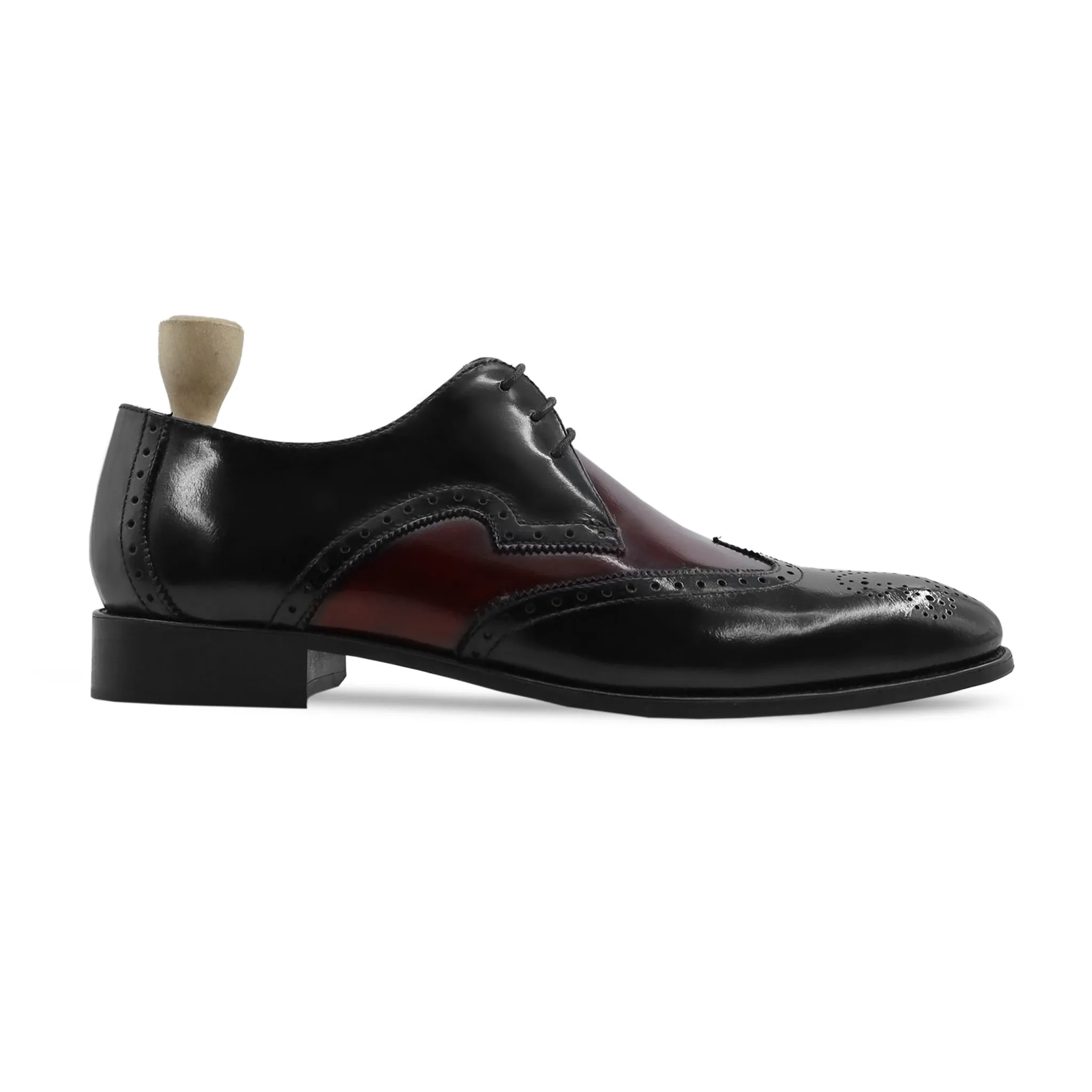 Cozmel - Men's Black and Oxblood Box Leather High Shine Derby Shoe