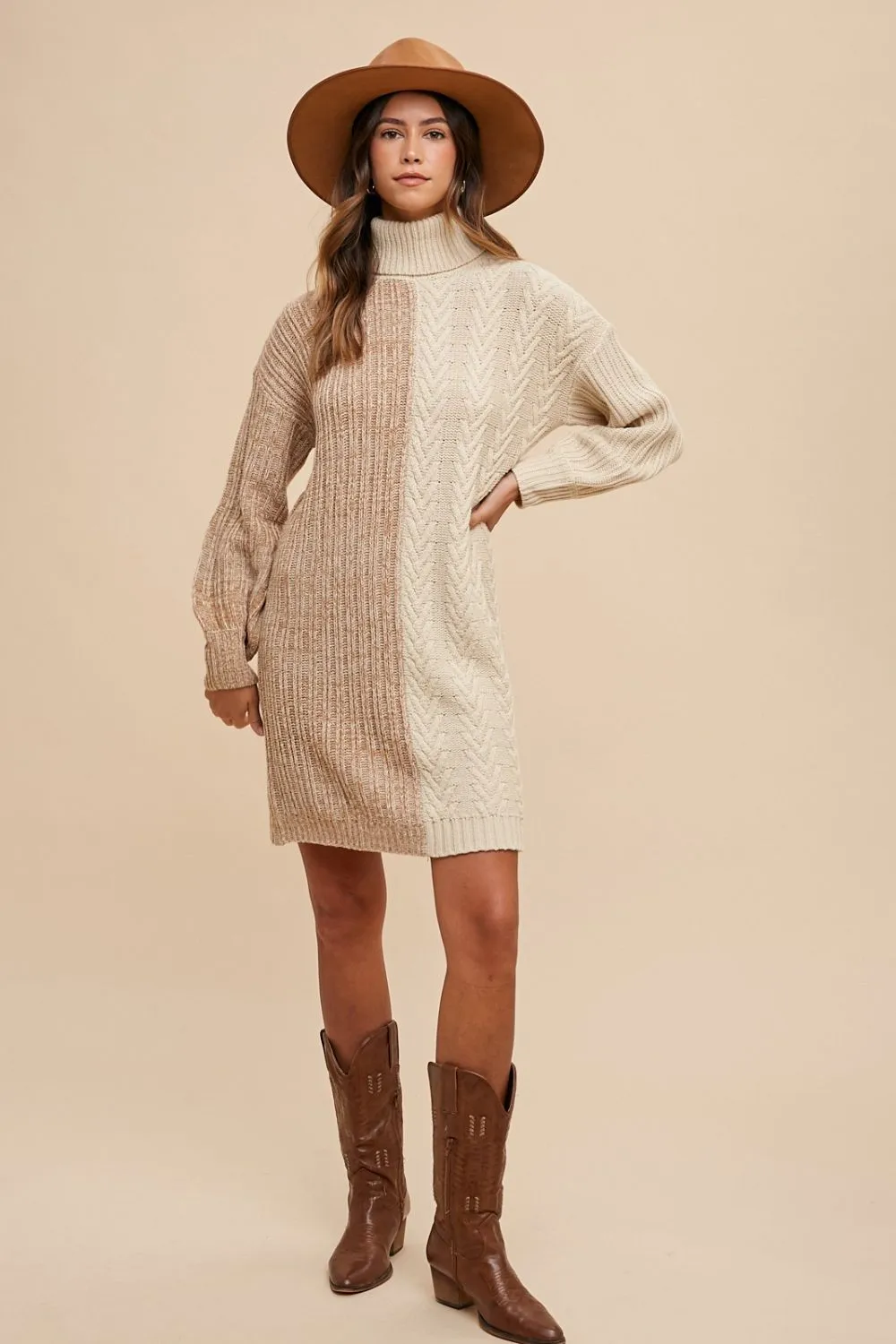 Cozy Contrast Turtleneck Knit Dress