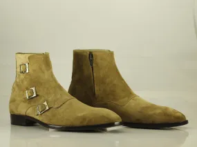 Handmade Men's Beige Suede Triple Monk Strap & Side Zipper Boots, Men Ankle Boots, Men Designer Boots