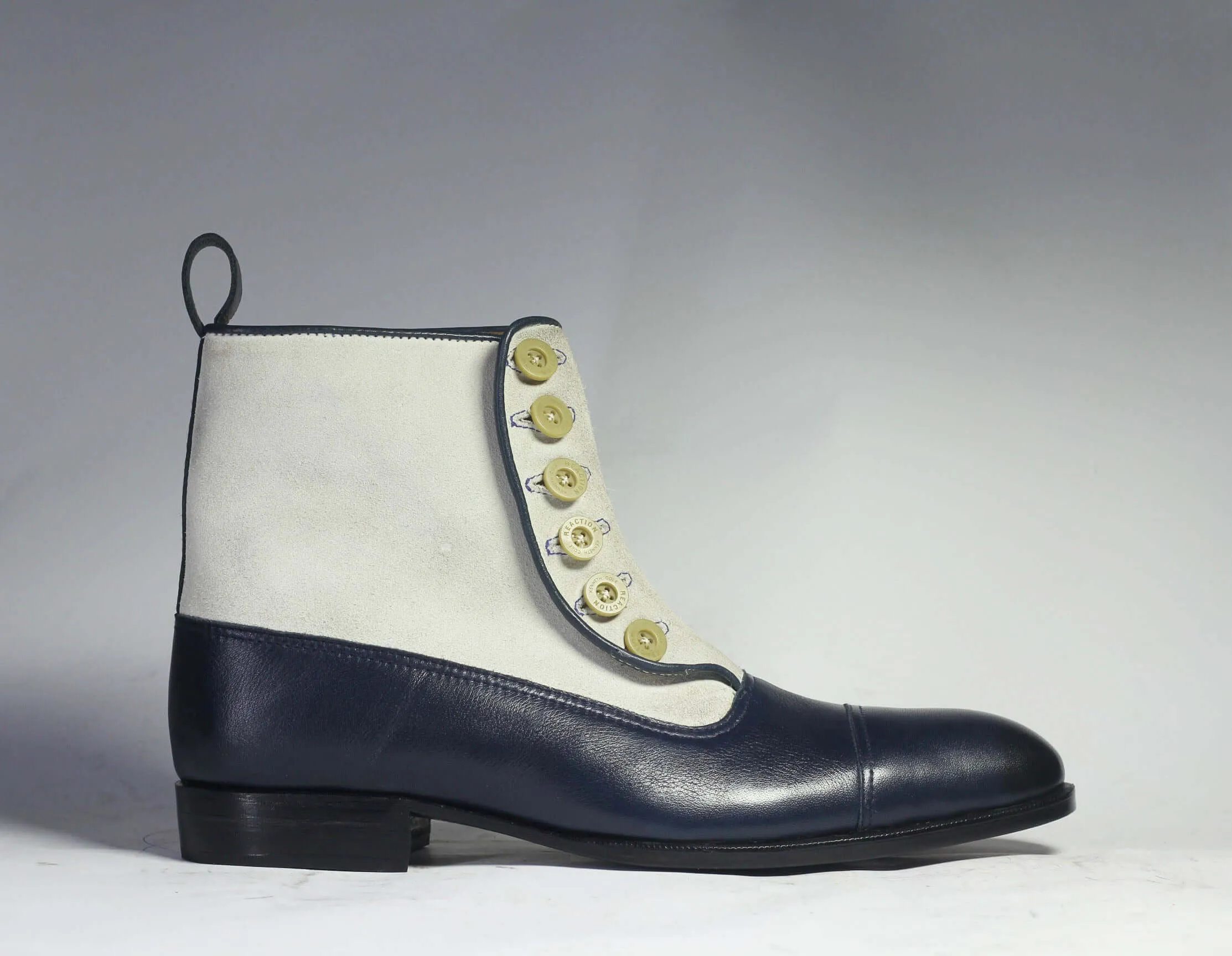 Handmade Men's Blue & White Ankle High Boots, Men Dress Leather & Suede Boots