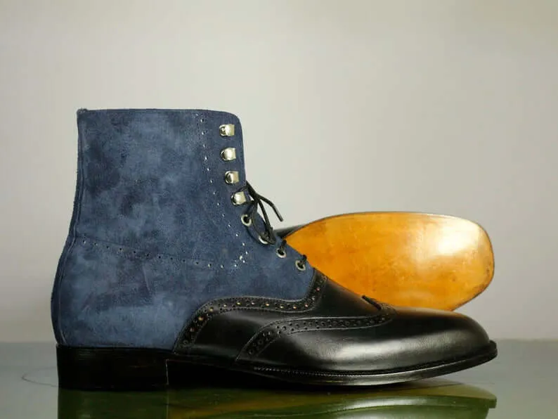 Handmade Men's Blue Black Wing Tip Leather Suede Ankle Boots, Men Designer Lace Up Boots