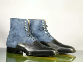 Handmade Men's Blue Black Wing Tip Leather Suede Ankle Boots, Men Designer Lace Up Boots