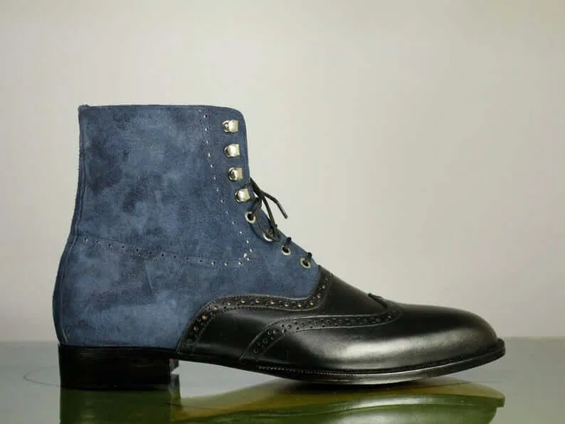 Handmade Men's Blue Black Wing Tip Leather Suede Ankle Boots, Men Designer Lace Up Boots