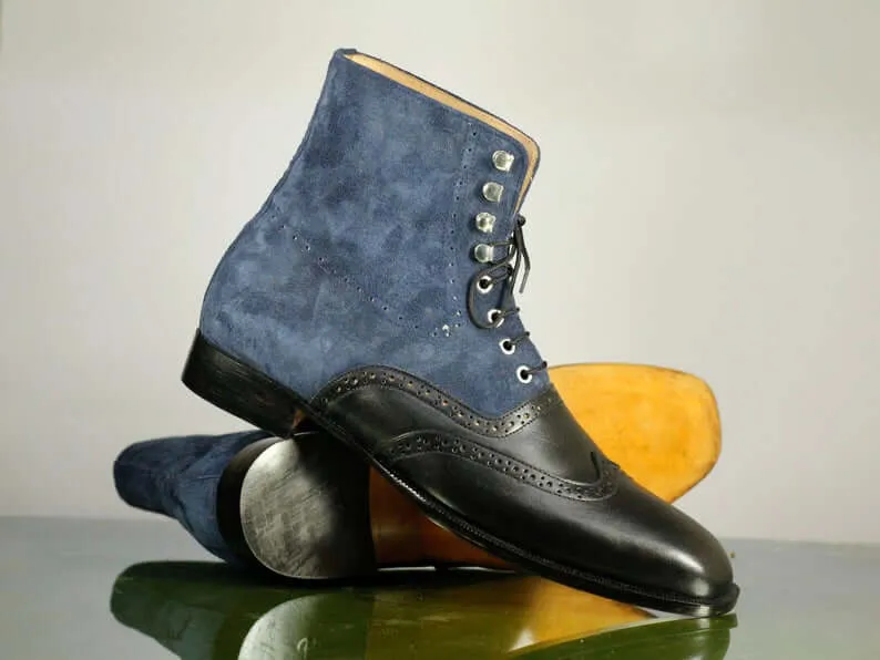 Handmade Men's Blue Black Wing Tip Leather Suede Ankle Boots, Men Designer Lace Up Boots