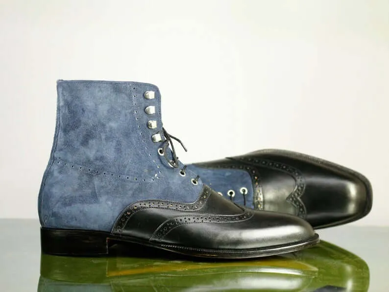 Handmade Men's Blue Black Wing Tip Leather Suede Ankle Boots, Men Designer Lace Up Boots