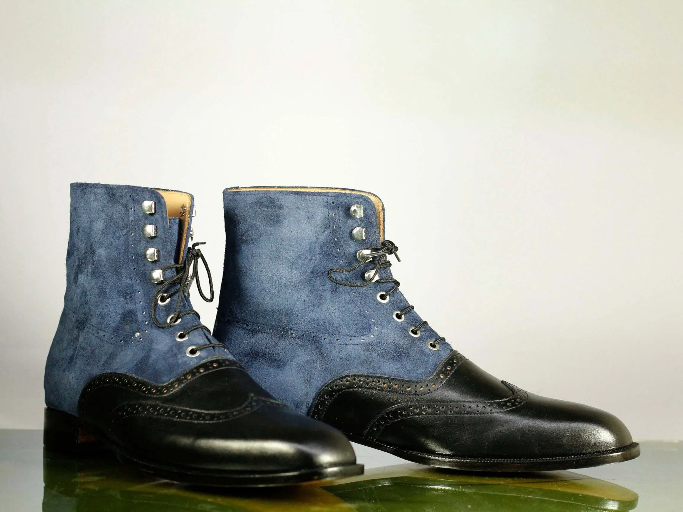 Handmade Men's Blue Black Wing Tip Leather Suede Ankle Boots, Men Designer Lace Up Boots