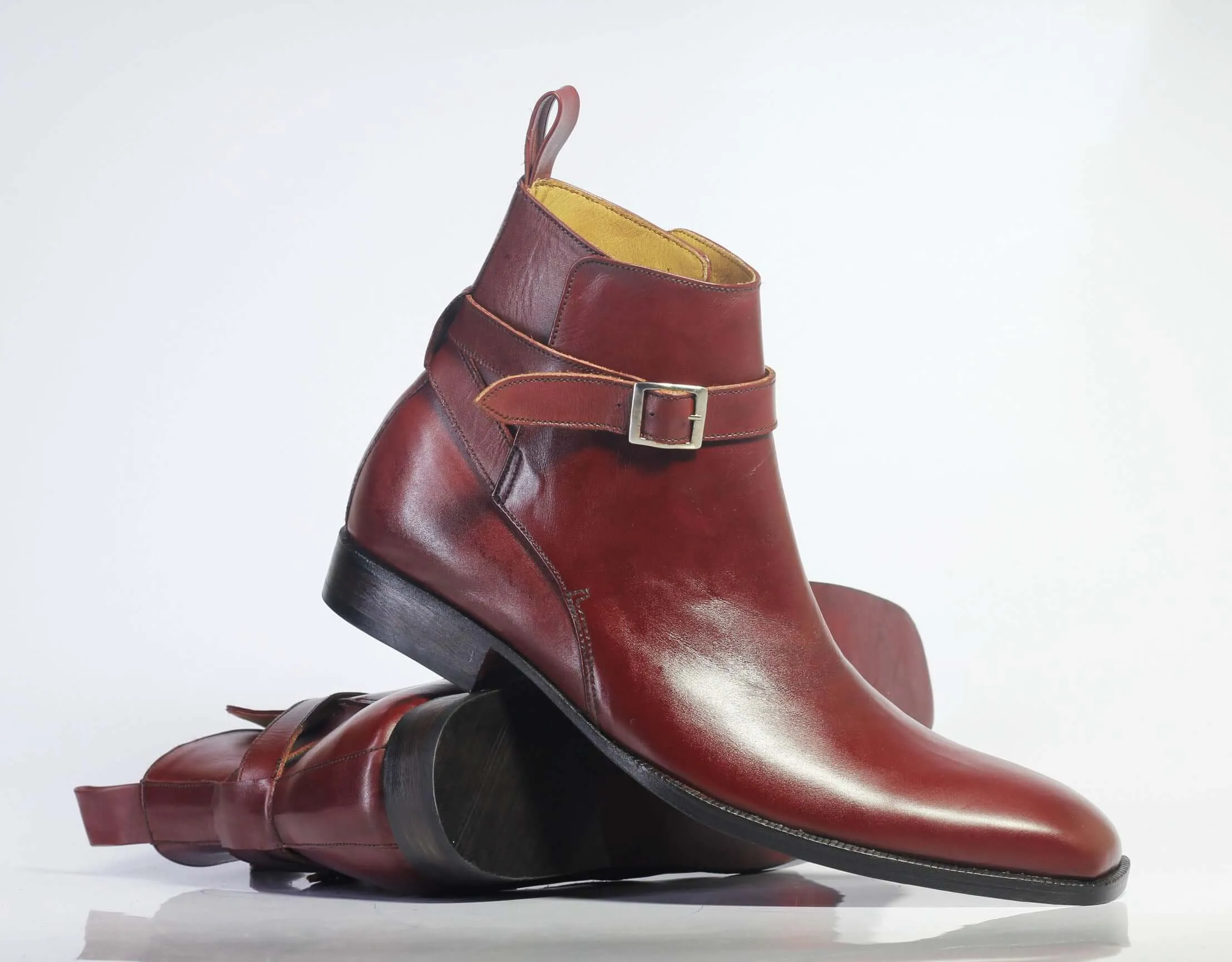 Handmade Men's Burgundy Leather Jodhpur Buckle Boots, Men Ankle Boots, Men Designer Boots