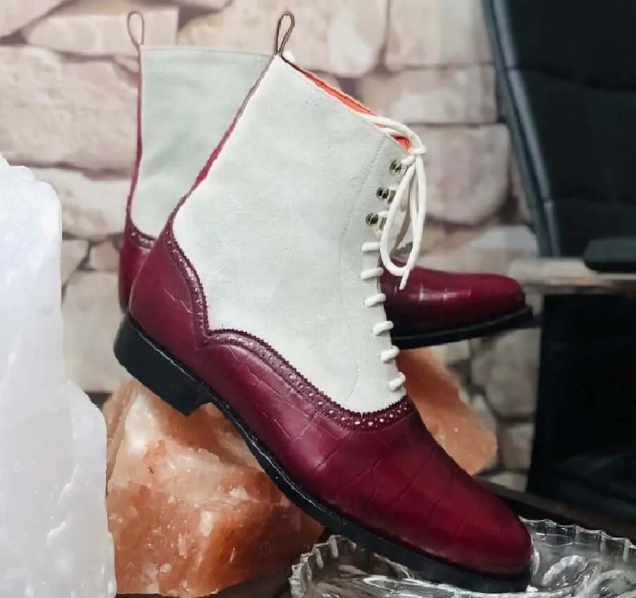 Handmade Men's Burgundy White Leather Suede Lace Up Boots, Men Ankle Boots, Men Fashion Boots