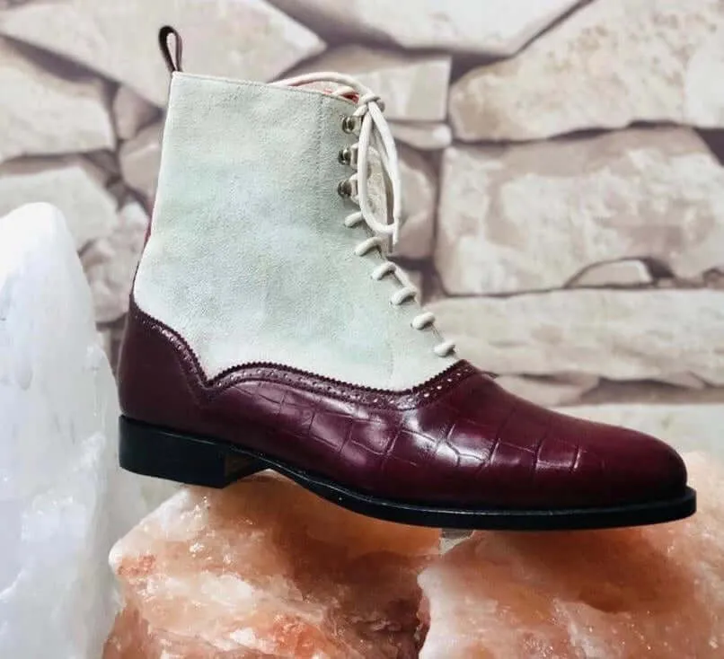 Handmade Men's Burgundy White Leather Suede Lace Up Boots, Men Ankle Boots, Men Fashion Boots