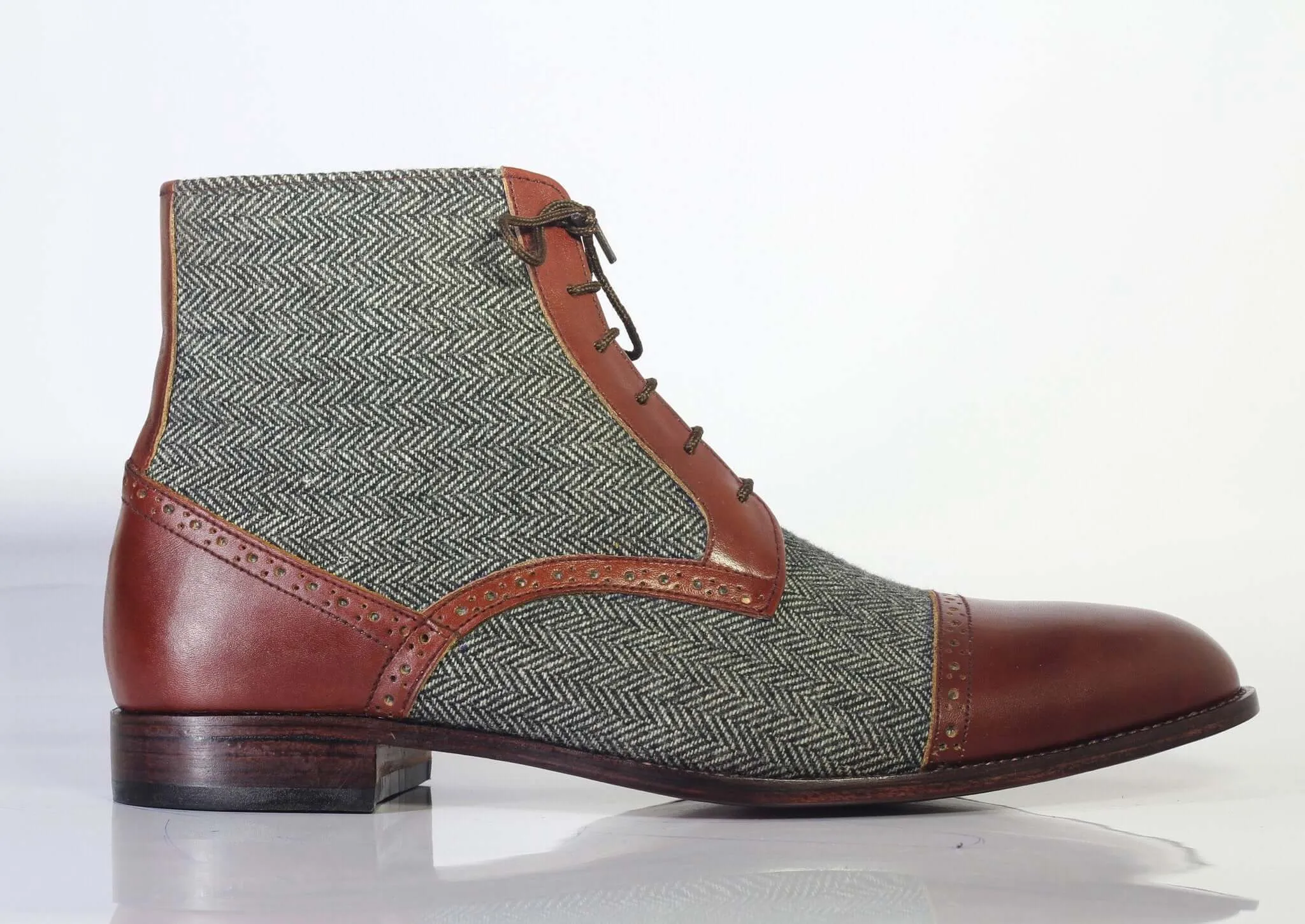 Handmade Men's Gray Brown Leather Tweed Cap Toe Lace Up Boots, Men Ankle Boots, Men Fashion Boots