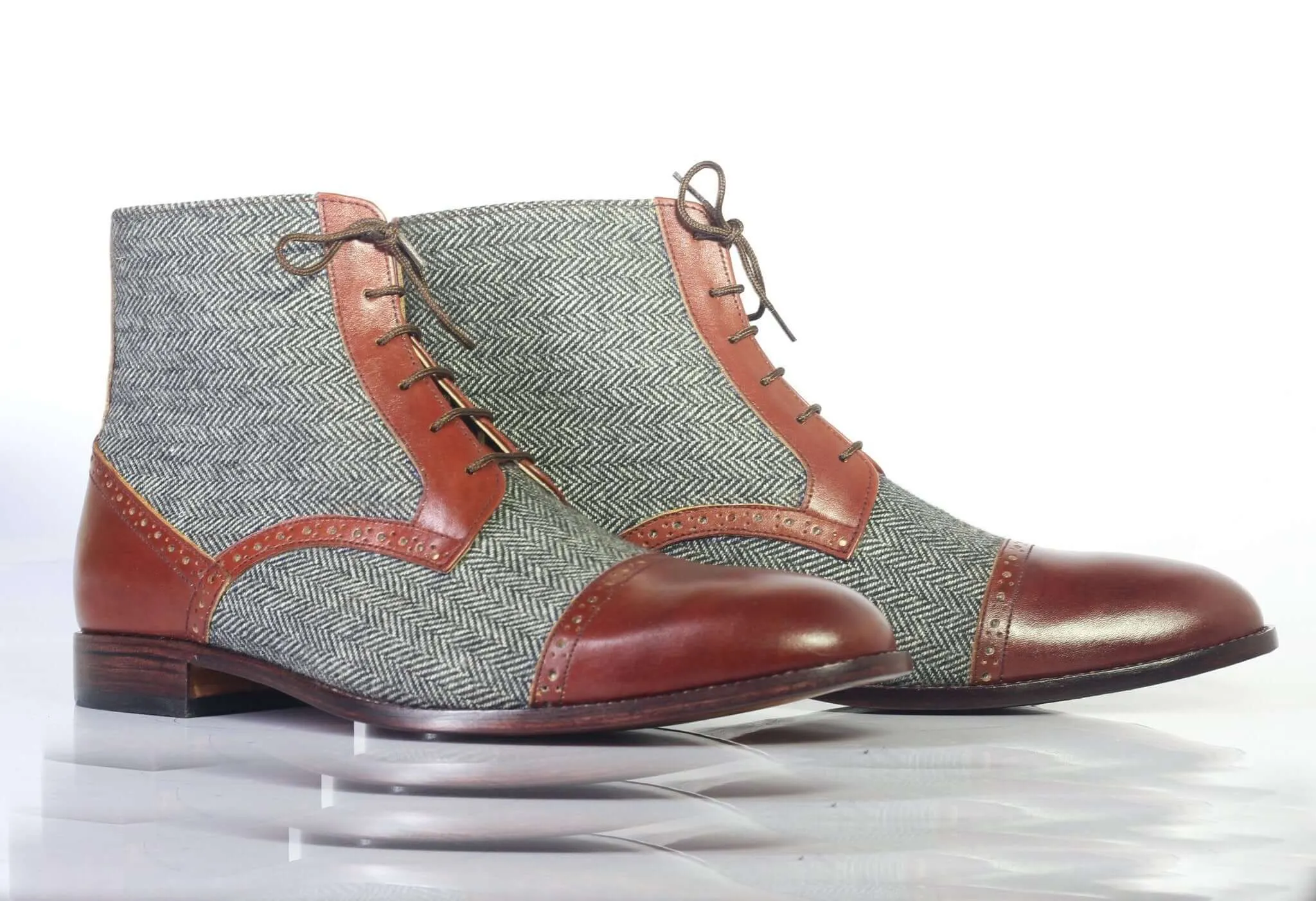 Handmade Men's Gray Brown Leather Tweed Cap Toe Lace Up Boots, Men Ankle Boots, Men Fashion Boots