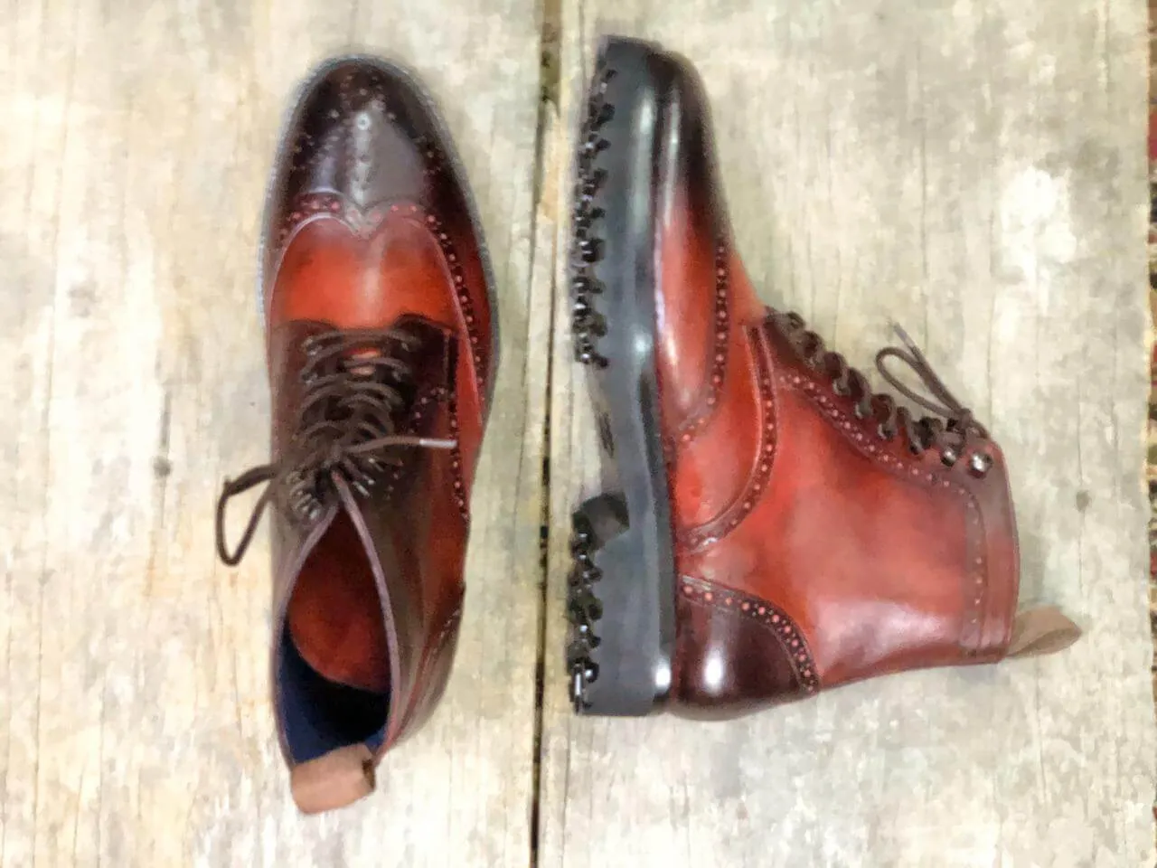 Handmade Men's Two Tone Burgundy Wing tip Brogue Ankle Boots, Men Fashion Designer Boots