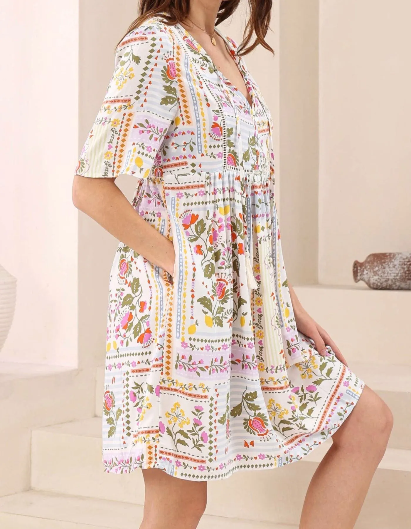 Jojo Button Front V Neck Dress in Multi Floral