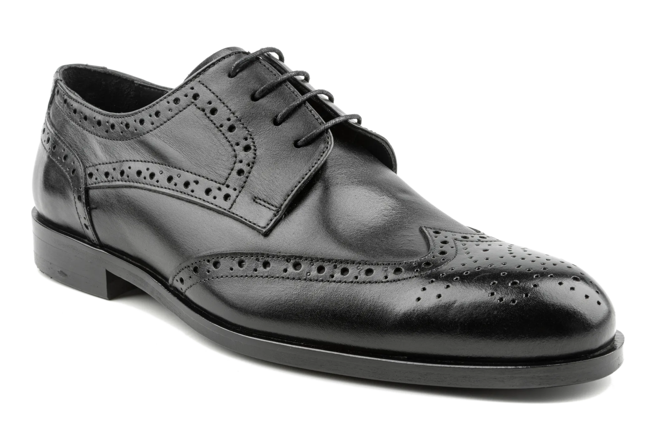 Men's Handmade Dress Shoes, Superior Quality Aniline Leather, Black Derby Shoes, Brogued & Wingtip Design