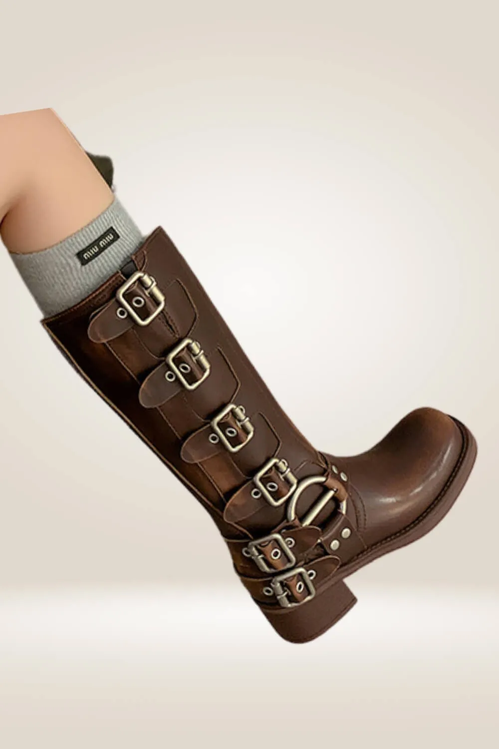 Mid Calf Brown Buckle Boots