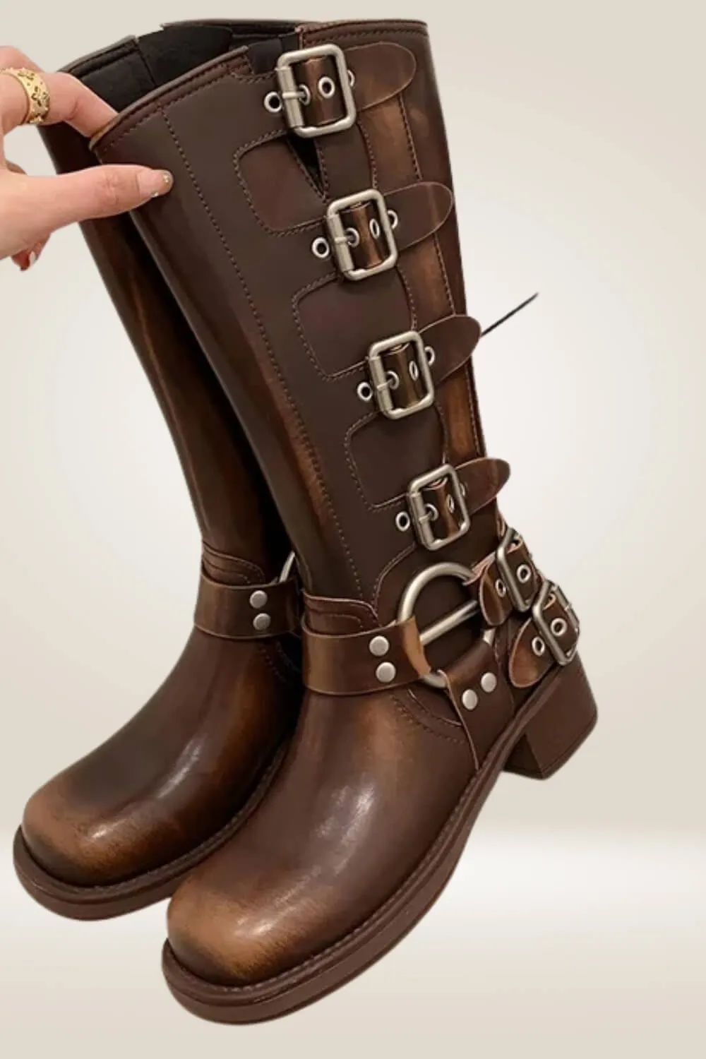 Mid Calf Brown Buckle Boots