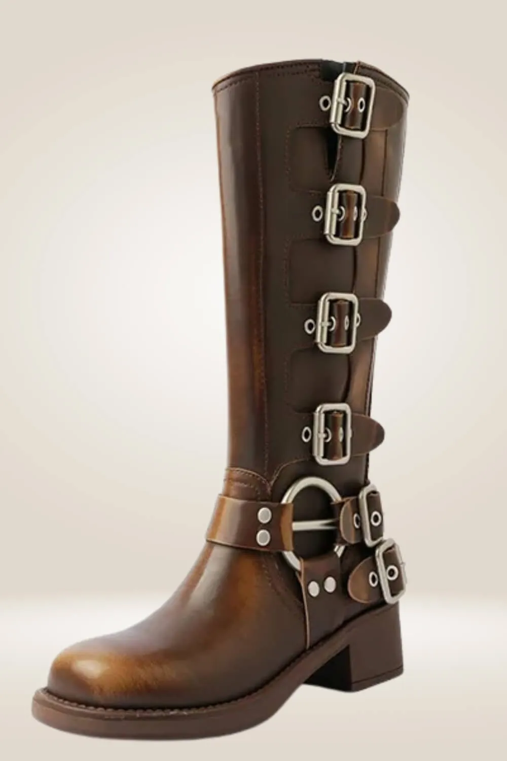 Mid Calf Brown Buckle Boots