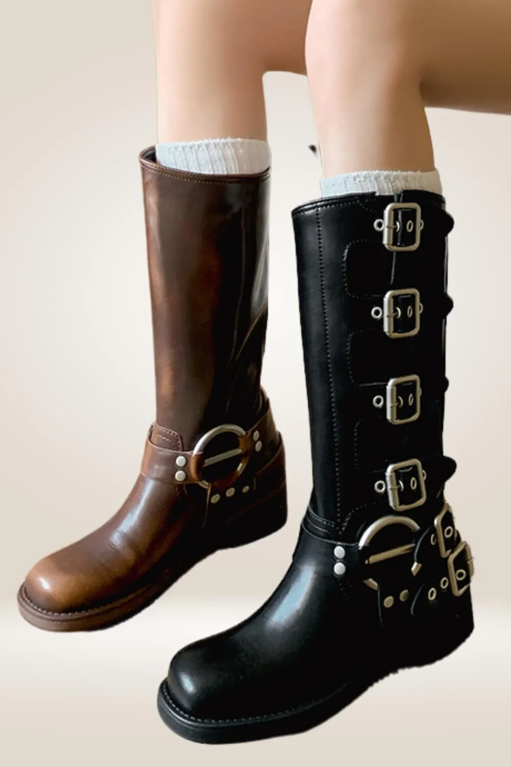 Mid Calf Brown Buckle Boots