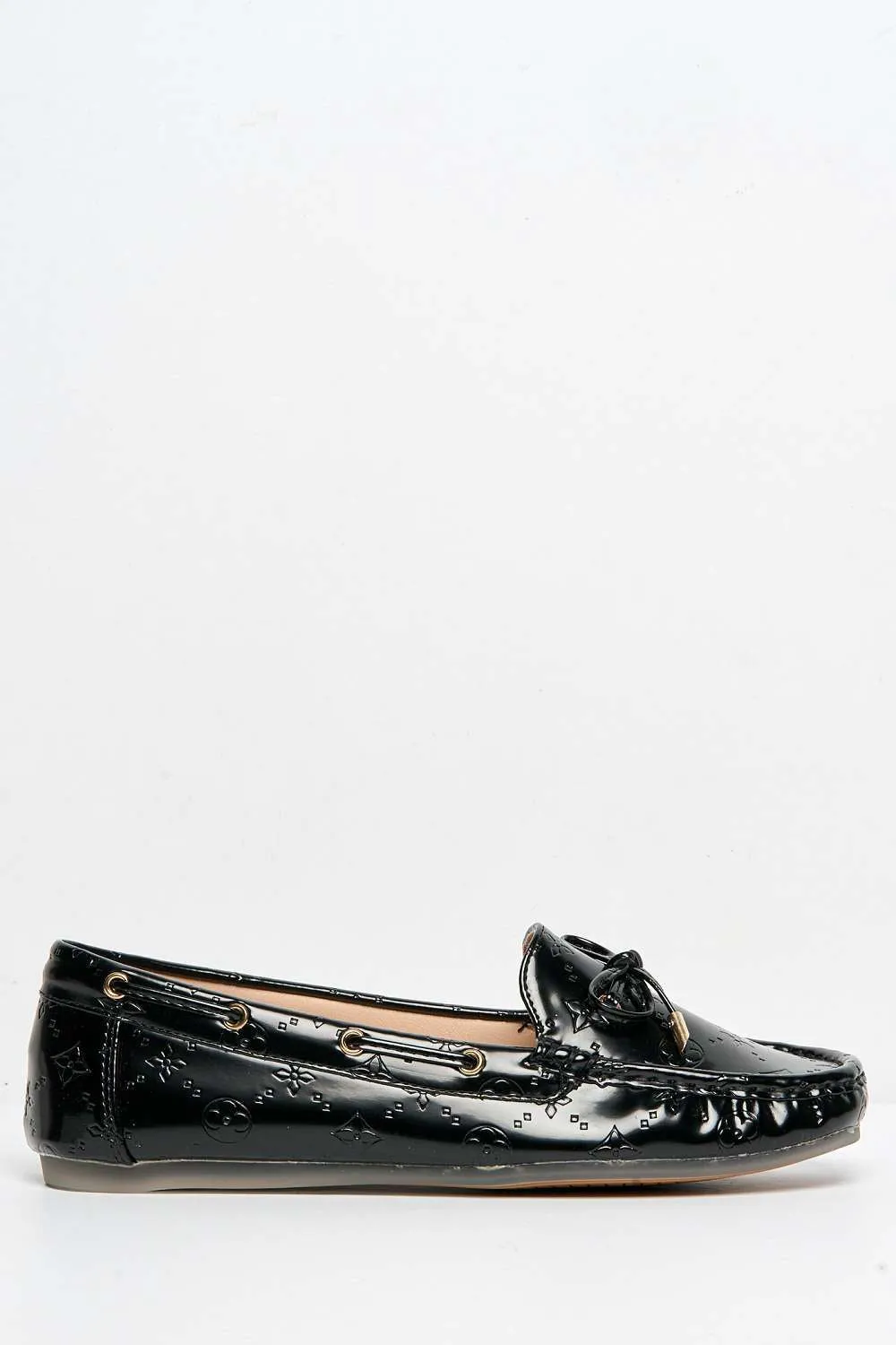 Padee Bow Detail Patterned Flat Loafers in Black