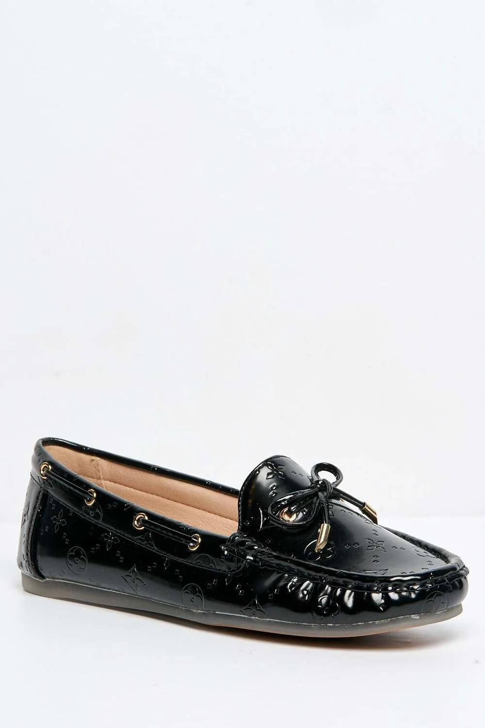 Padee Bow Detail Patterned Flat Loafers in Black