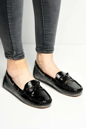 Padee Bow Detail Patterned Flat Loafers in Black