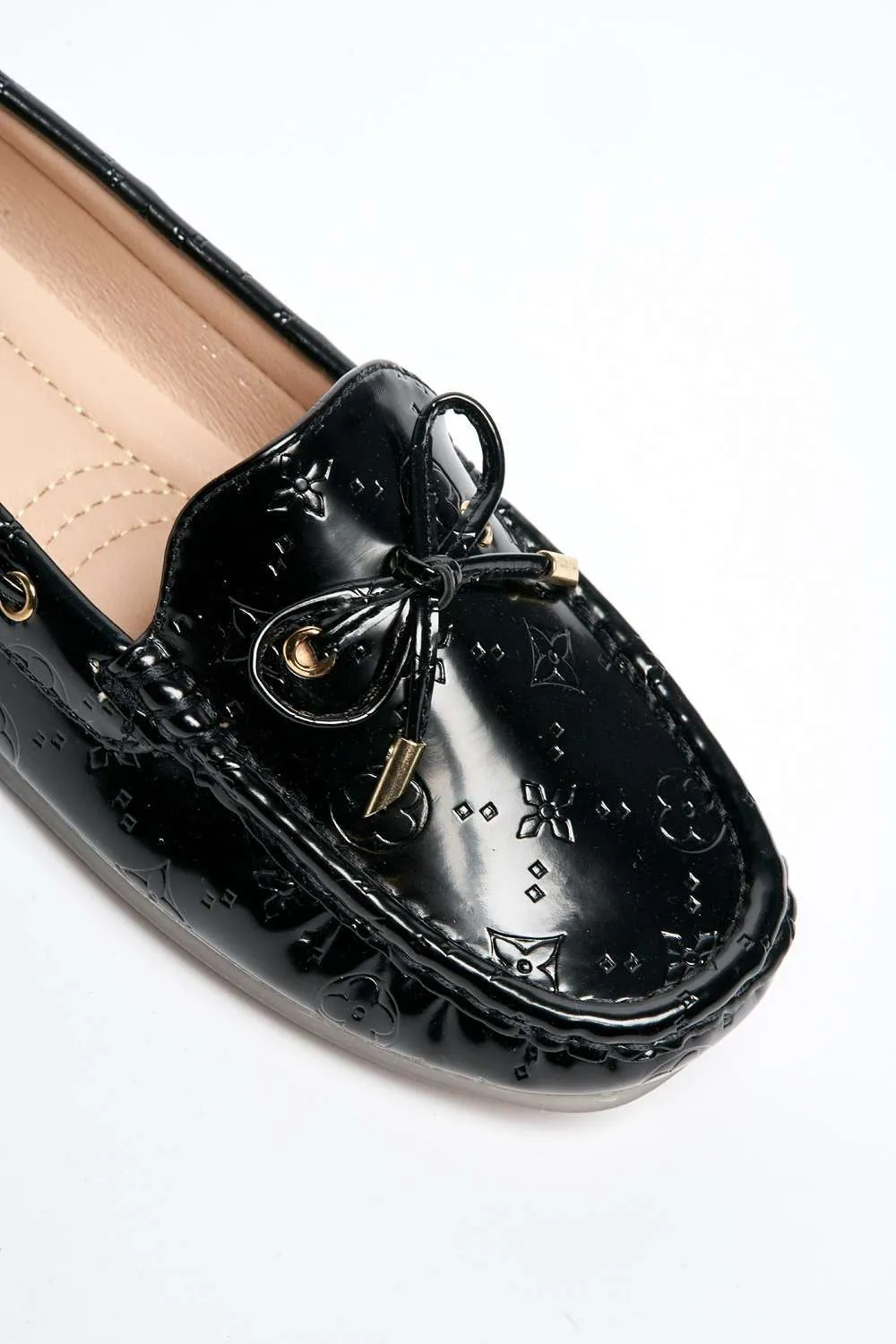 Padee Bow Detail Patterned Flat Loafers in Black