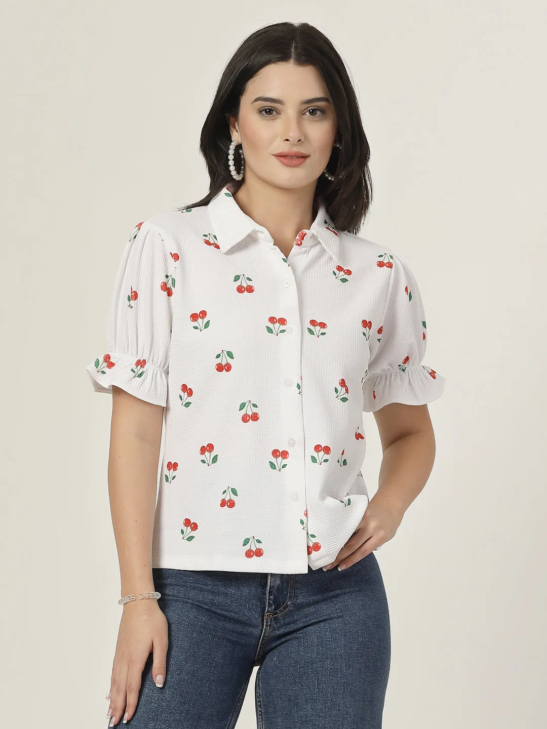 Style Quotient Women Texture White And Red Cherry Print Polyknit Shirt