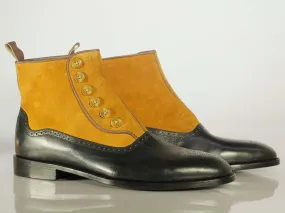 Stylish Handmade Men's Black Yellow Brogue Toe Ankle High Boots, Men Leather Suede Button Boots