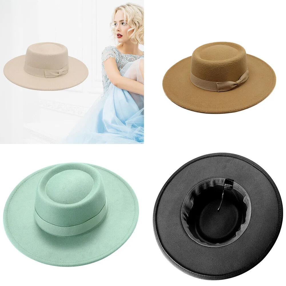 US Women Ladies Elegant Bow Fedora Wide Brim Felt Panama Retro Church Derby Top