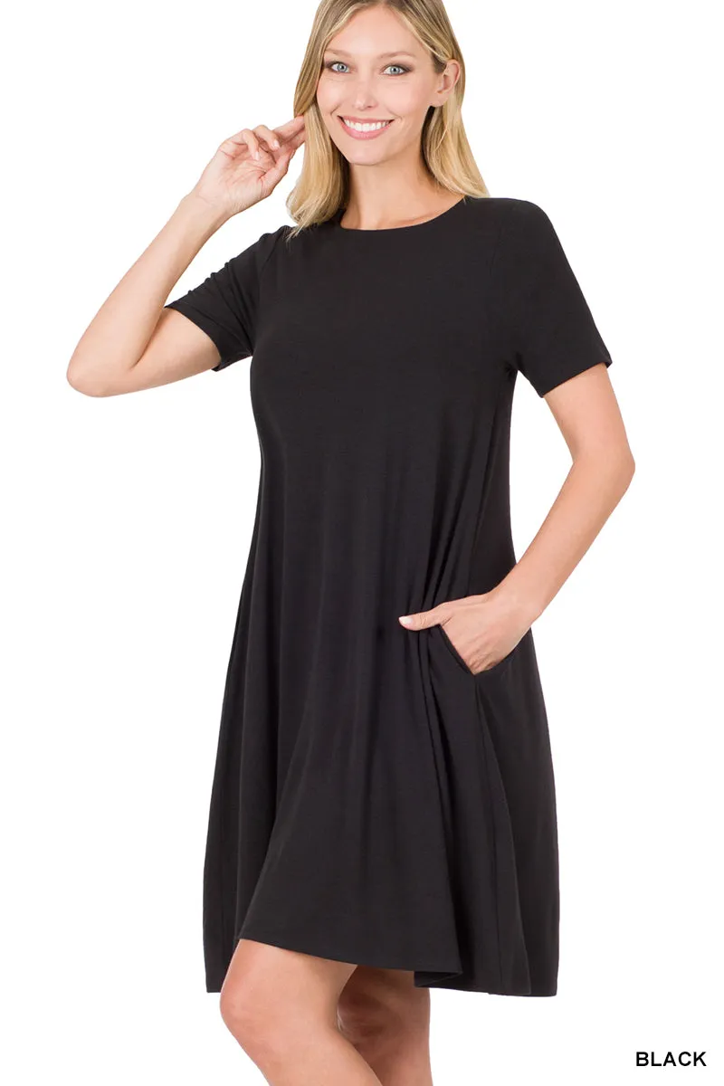 Women Short Sleeve Flared T-Shirt Midi Dress with Side Pockets