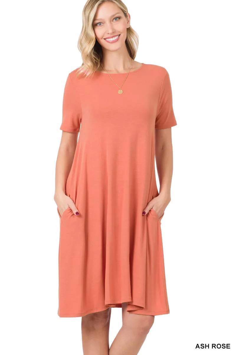 Women Short Sleeve Flared T-Shirt Midi Dress with Side Pockets