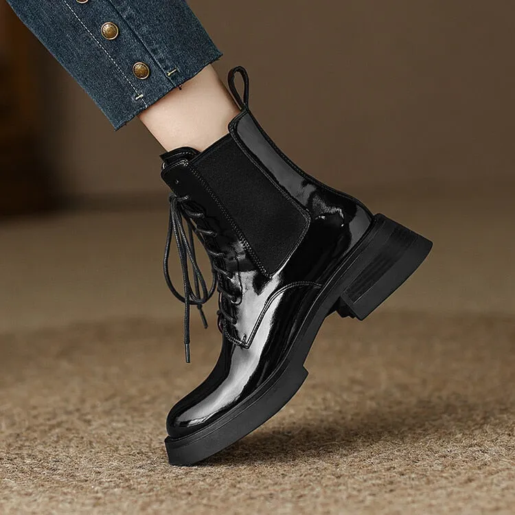 Women's Patent Leather Round Toe Boots