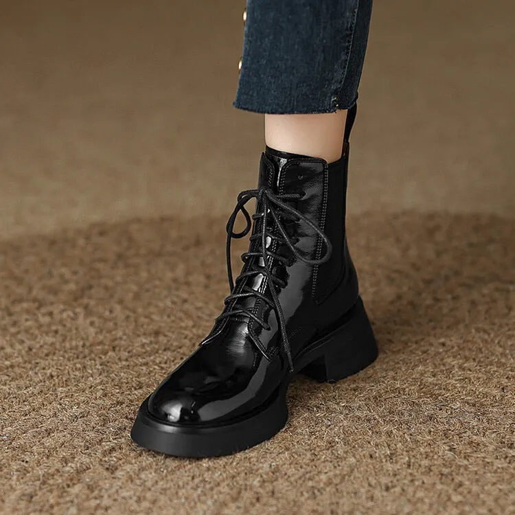 Women's Patent Leather Round Toe Boots