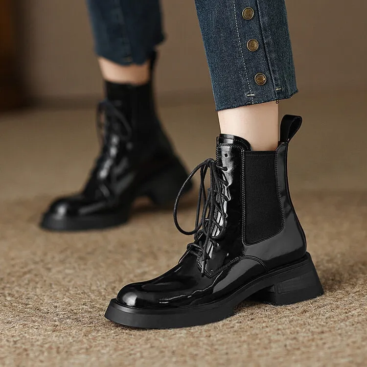 Women's Patent Leather Round Toe Boots